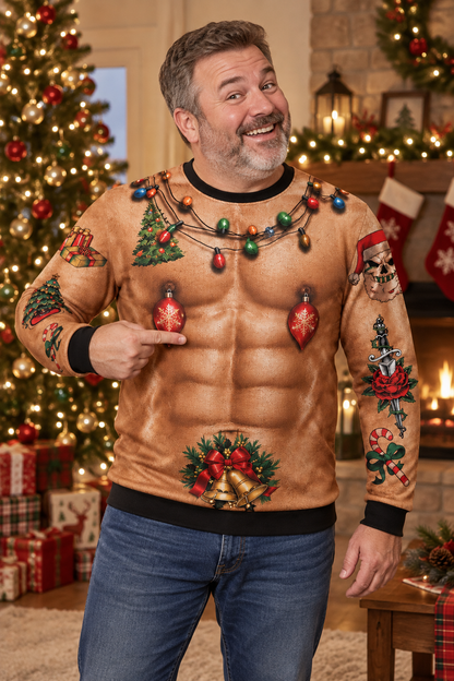 Funny Tattooed Chest Muscle Abs Ugly Christmas Sweater