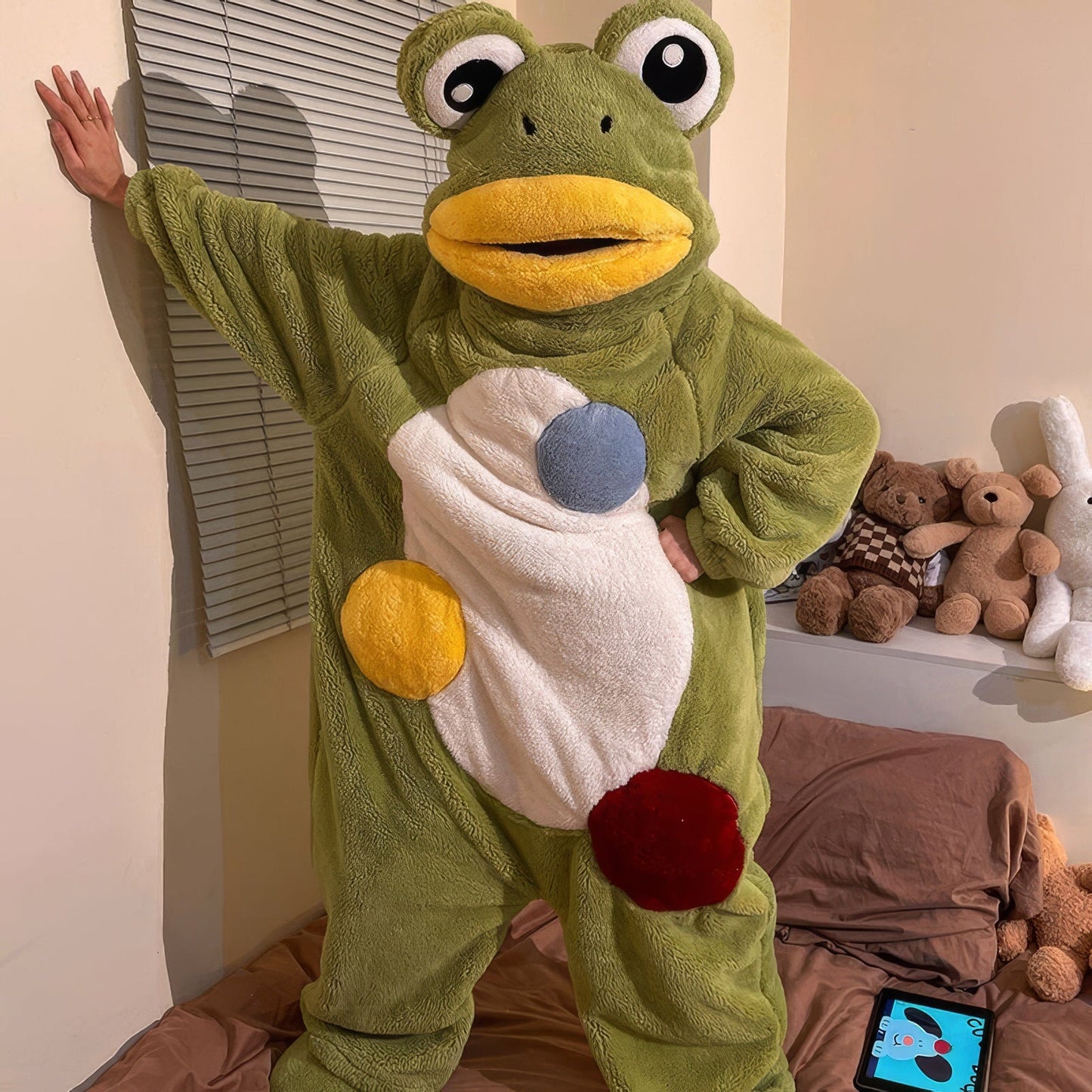 Fuzzy Green and Yellow Party Frog Onesie