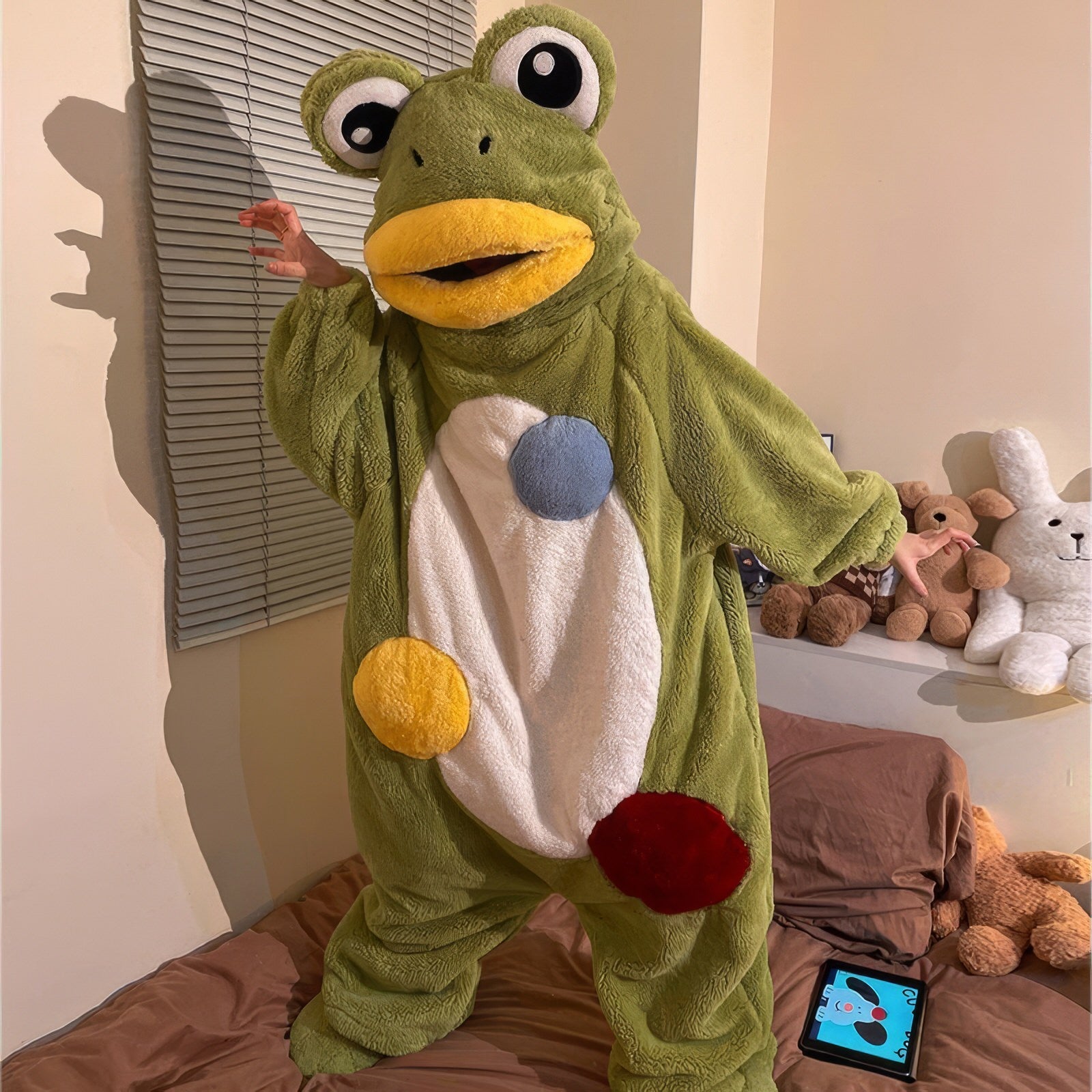 Fuzzy Green and Yellow Party Frog Onesie