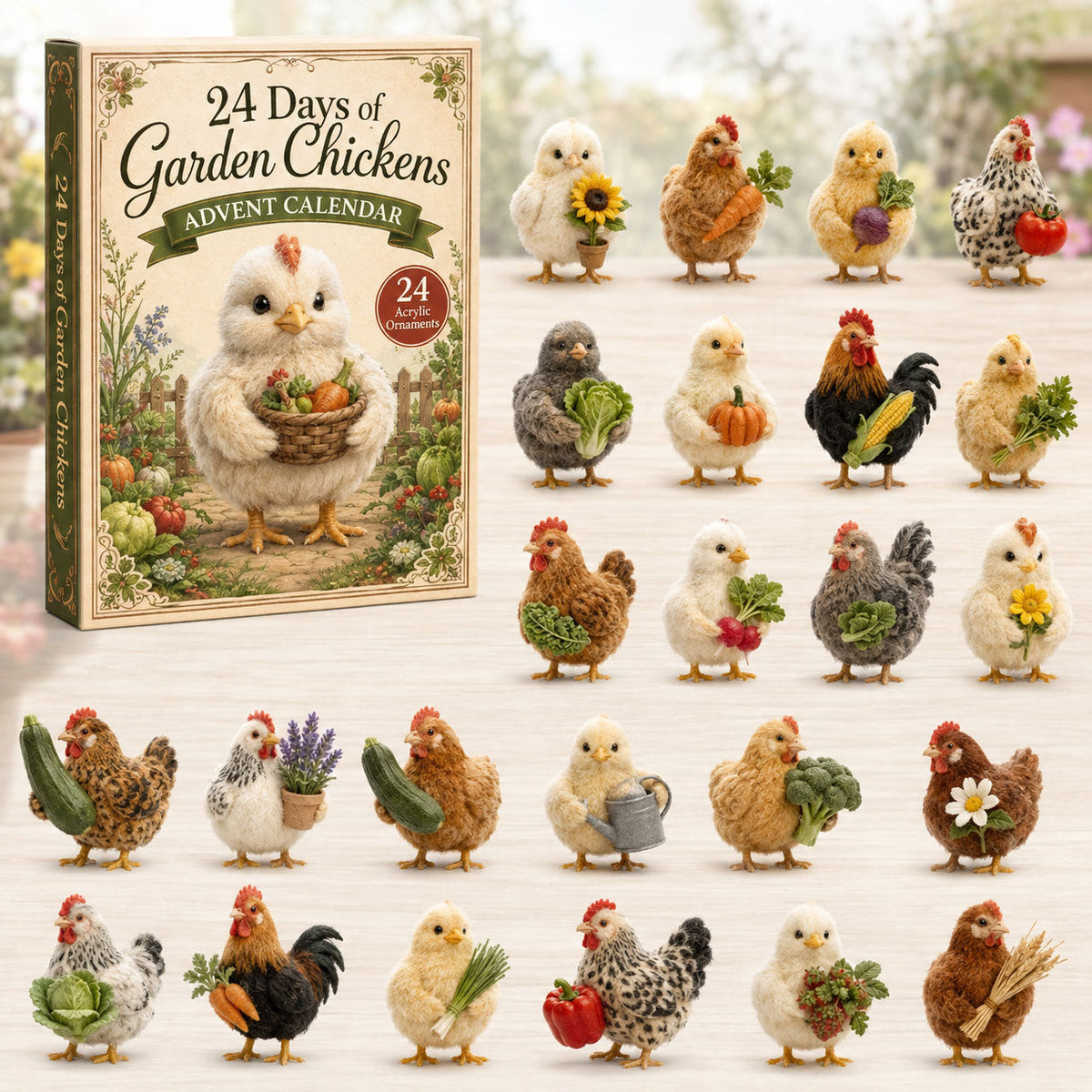CHRISTMAS KICKOFF 40% OFF - Garden Chicken Advent Calendar 2026 - 24-Day Festive Countdown, Acrylic Charms Blind Box - Gift For Farmhouse Lovers