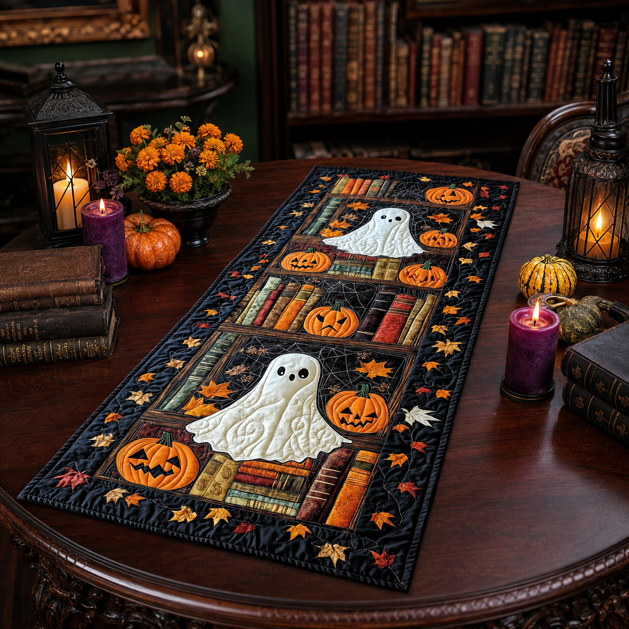 Ghost Pumpkin Patch and Books Halloween Quilted Table Runner