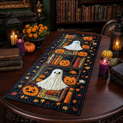 Ghost Pumpkin Patch and Books Halloween Quilted Table Runner