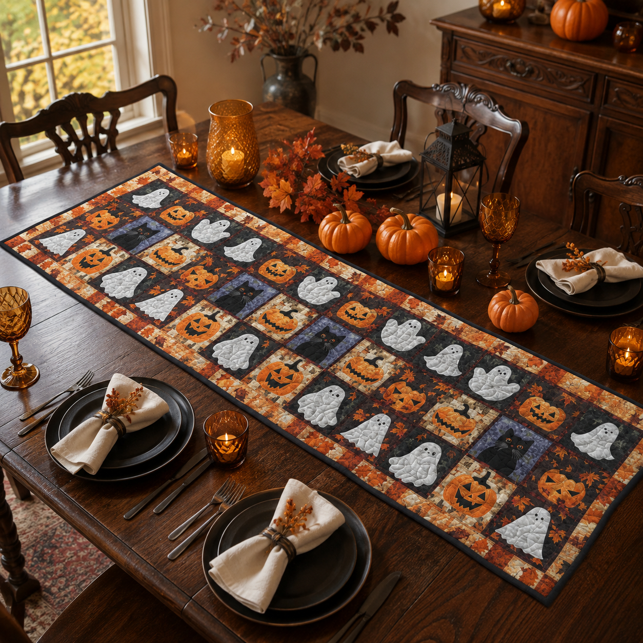 Ghost Pumpkin & Black Cat Patchwork Halloween Quilted Table Runner