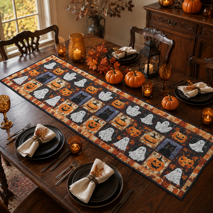 Ghost Pumpkin & Black Cat Patchwork Halloween Quilted Table Runner