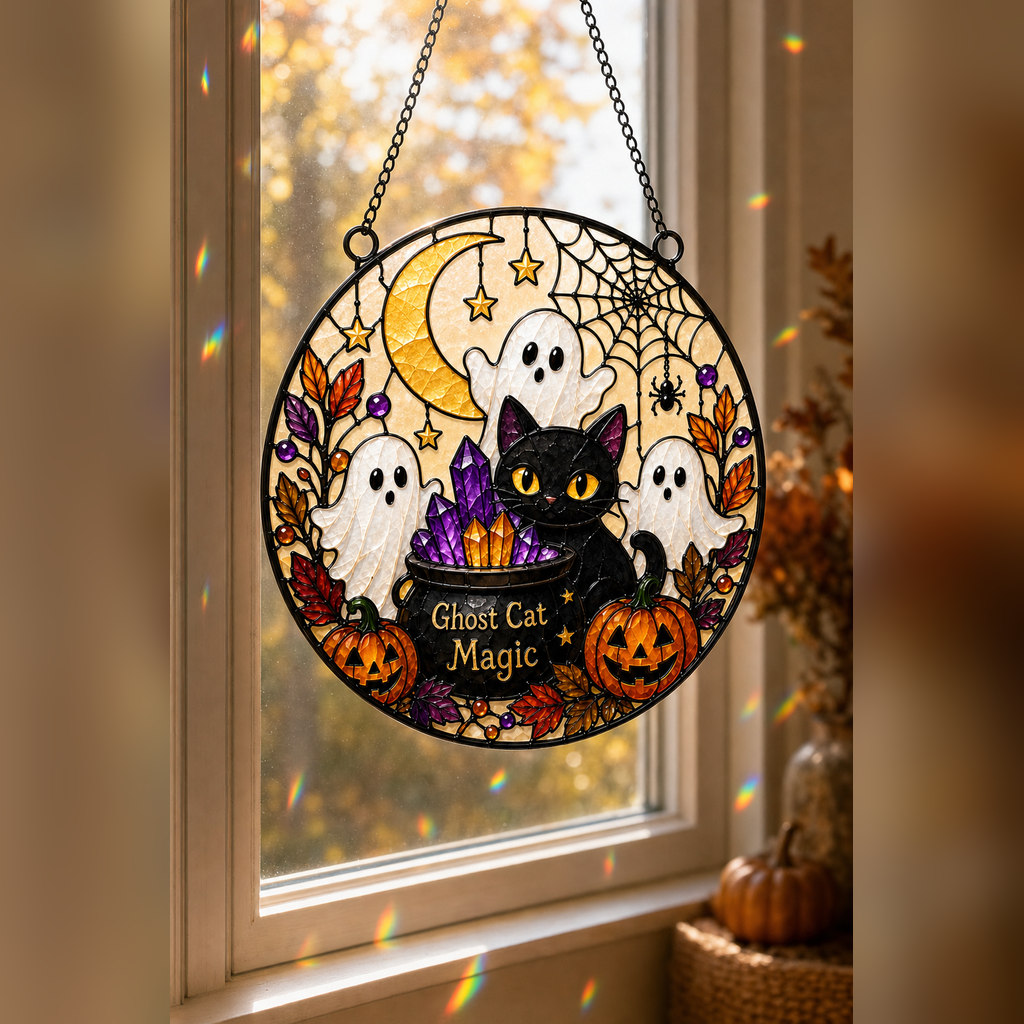 Ghost & Cat Window Suncatcher Halloween Acrylic Decor