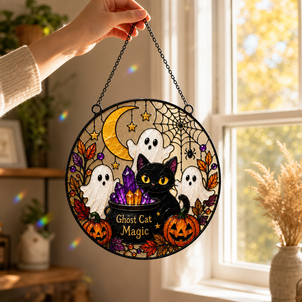 Ghost & Cat Window Suncatcher Halloween Acrylic Decor