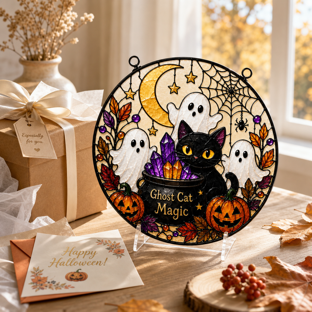 Ghost & Cat Window Suncatcher Halloween Acrylic Decor