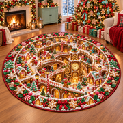 Gingerbread Christmas Village Quilted Round Rug Clockwork Holiday Carpet