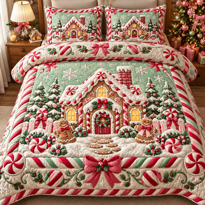 Gingerbread House Christmas Bedding Set Candy Cane Quilt Cover