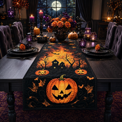 Glowing Jack-O'-Lantern Haunted House Halloween Quilted Table Runner