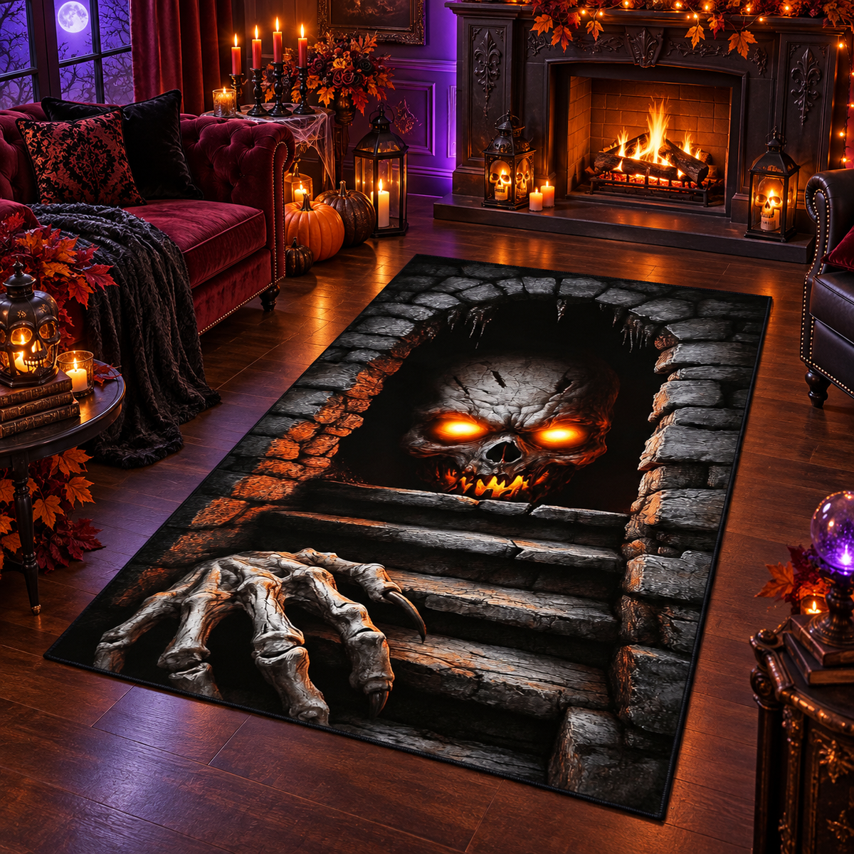 Glowing Skull Cellar Stairs Halloween Area Rug