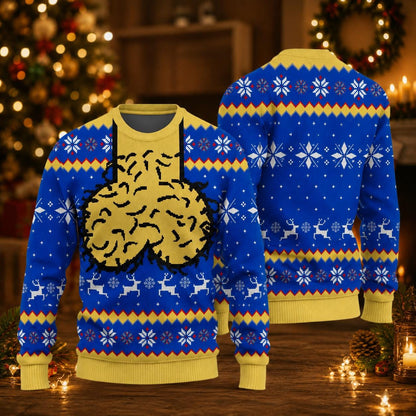 Gold Brain Blue Ugly Christmas Sweater