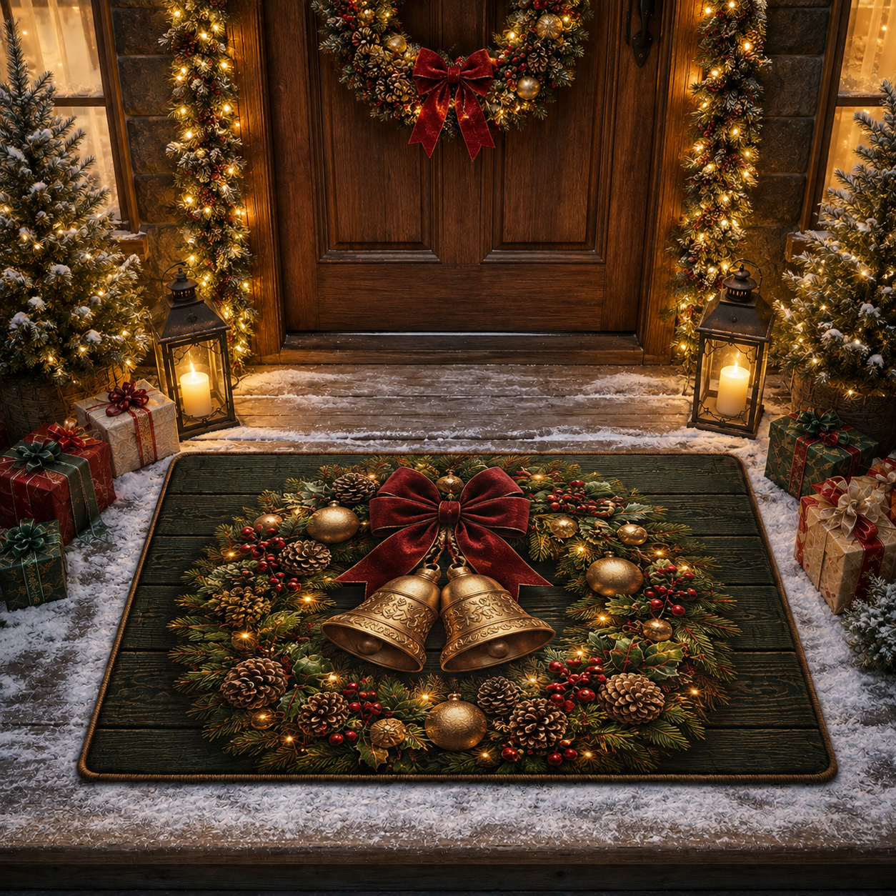 Golden Christmas Bells Wreath Wood Christmas Gate Doormat