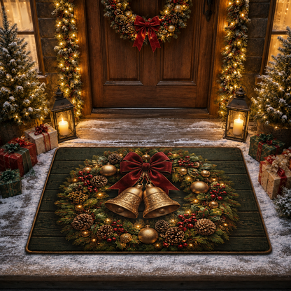 Golden Christmas Bells Wreath Wood Christmas Gate Doormat