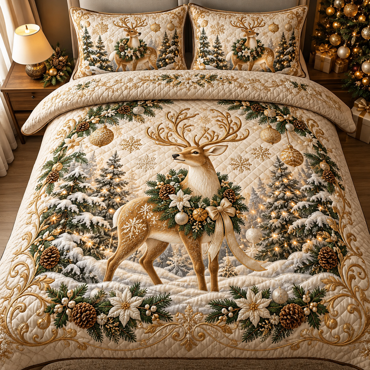 Golden Reindeer Christmas Bedding Set Winter Forest Quilt Cover
