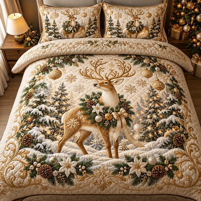 Golden Reindeer Christmas Bedding Set Winter Forest Quilt Cover