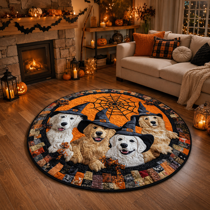 Golden Retriever Witch Dogs Spiderweb Halloween Quilt Round Rug