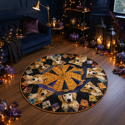 Golden Retriever Witch Hat Spider Web Halloween Quilt Round Rug