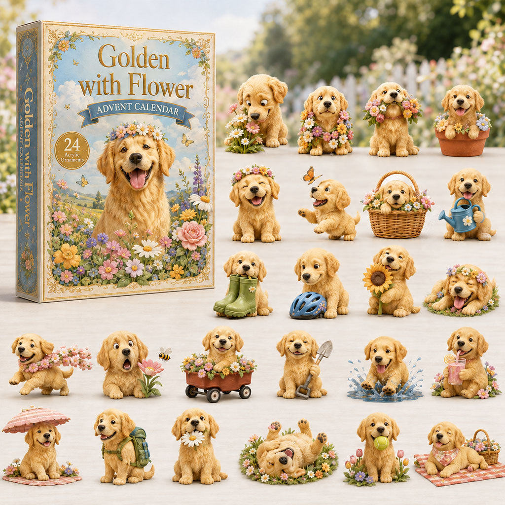 CHRISTMAS KICKOFF 40% OFF - Golden With Flower Advent Calendar 2026 - 24-Day Festive Countdown, Acrylic Charms Blind Box - Gift For Golden Retriever Lovers AC0TH098