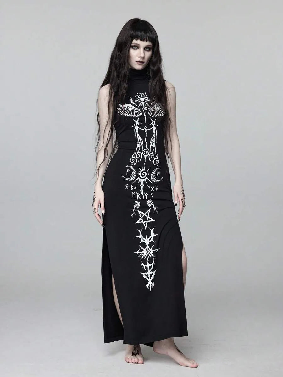Goth High Neck High Slit Ultra Long Dress