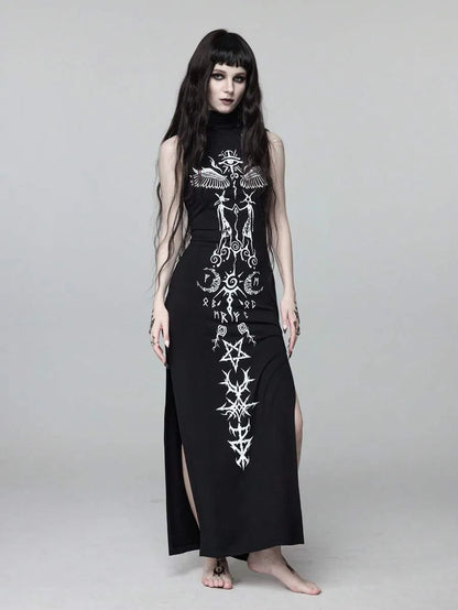 Goth High Neck High Slit Ultra Long Dress