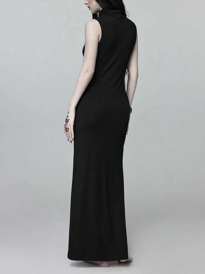 Goth High Neck High Slit Ultra Long Dress