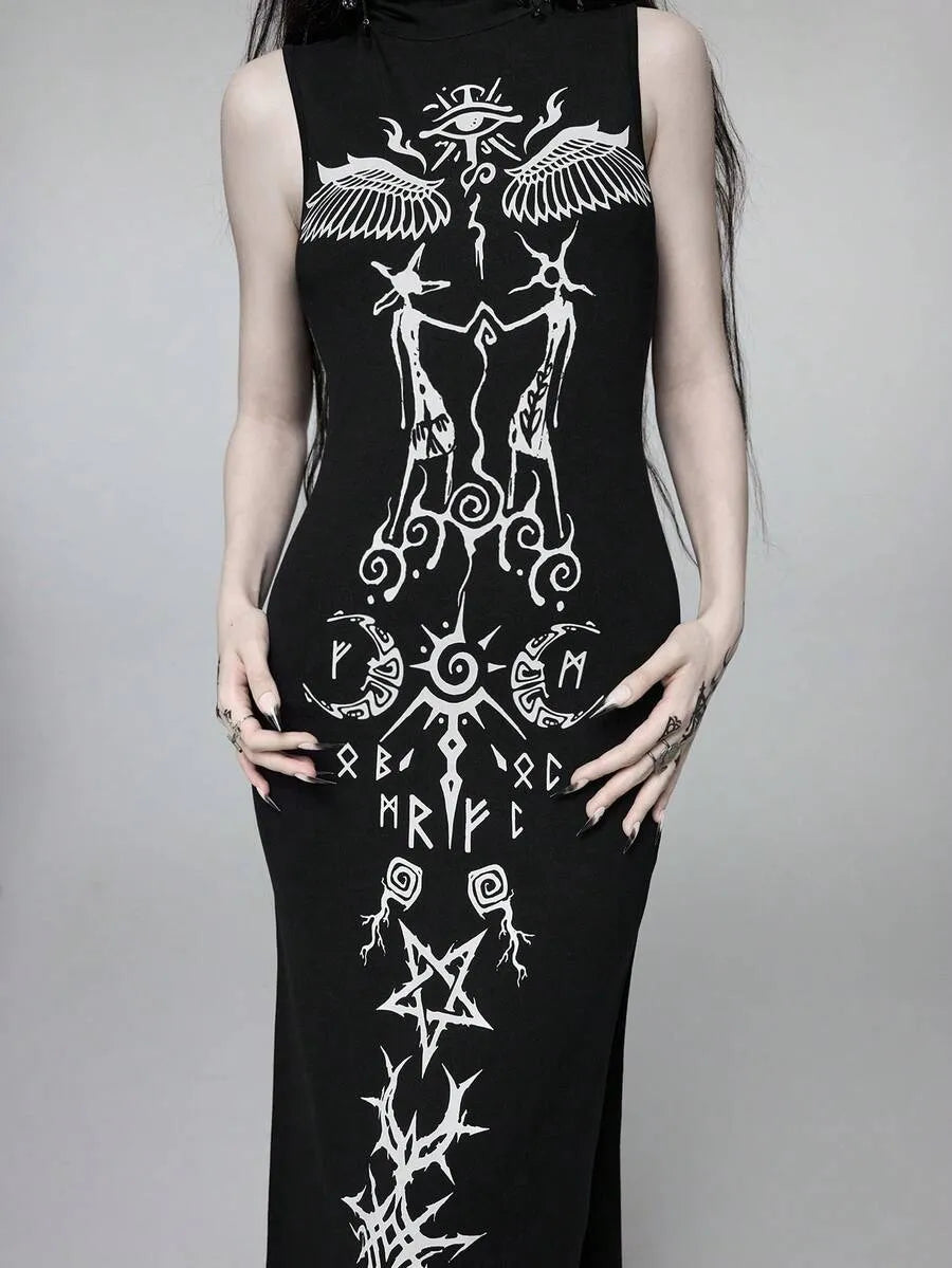 Goth High Neck High Slit Ultra Long Dress