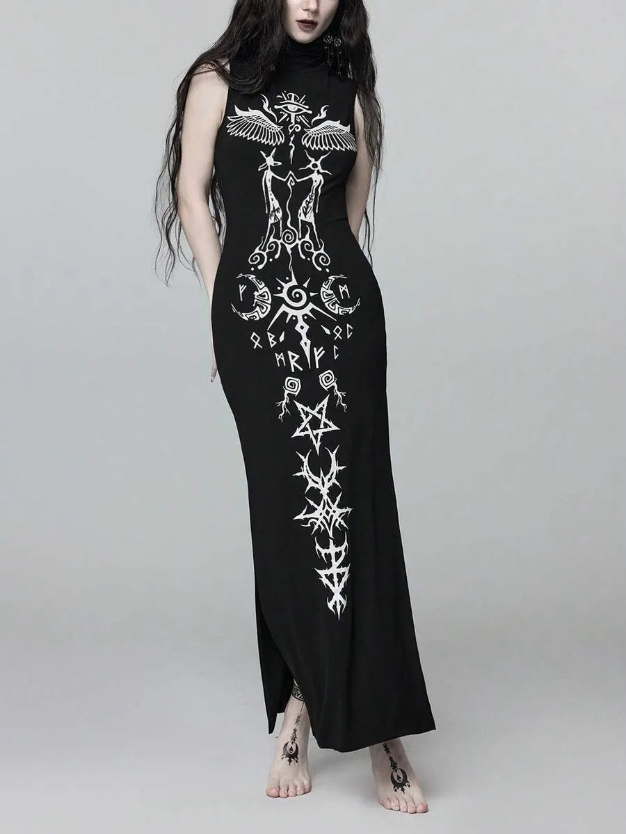Goth High Neck High Slit Ultra Long Dress