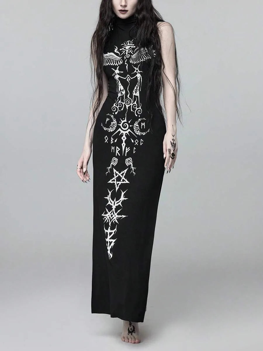 Goth High Neck High Slit Ultra Long Dress
