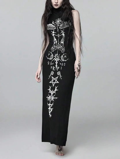Goth High Neck High Slit Ultra Long Dress