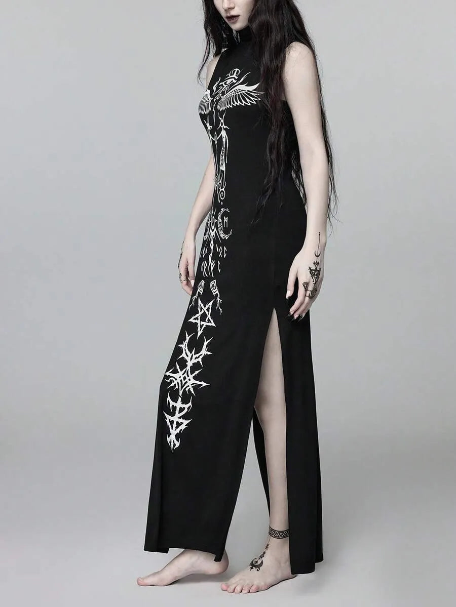Goth High Neck High Slit Ultra Long Dress