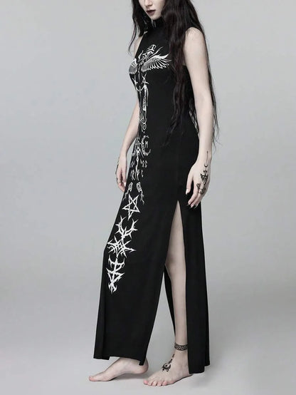 Goth High Neck High Slit Ultra Long Dress