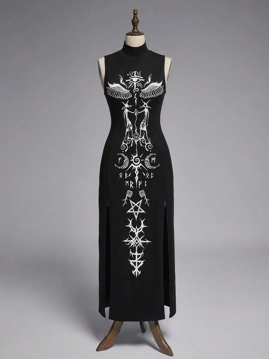 Goth High Neck High Slit Ultra Long Dress