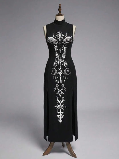 Goth High Neck High Slit Ultra Long Dress