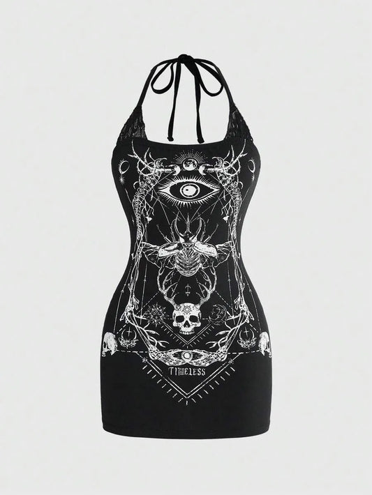 Goth Moth Skull Print Halter Mini Dress