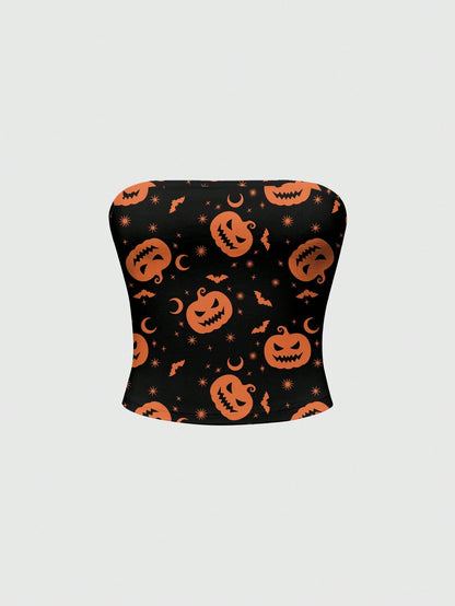 Goth Pumpkin Bat Halloween Sexy Backless Tube Top