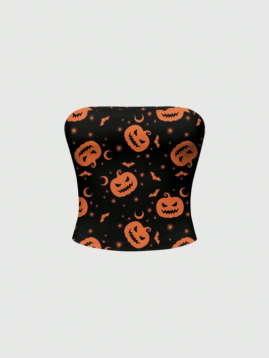 Goth Pumpkin Bat Halloween Sexy Backless Tube Top