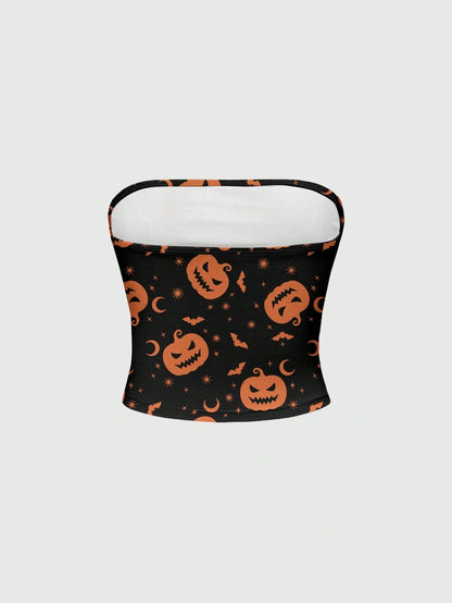 Goth Pumpkin Bat Halloween Sexy Backless Tube Top