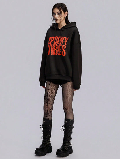 Goth Punk Casual Letter Print Drawstring Hoodie