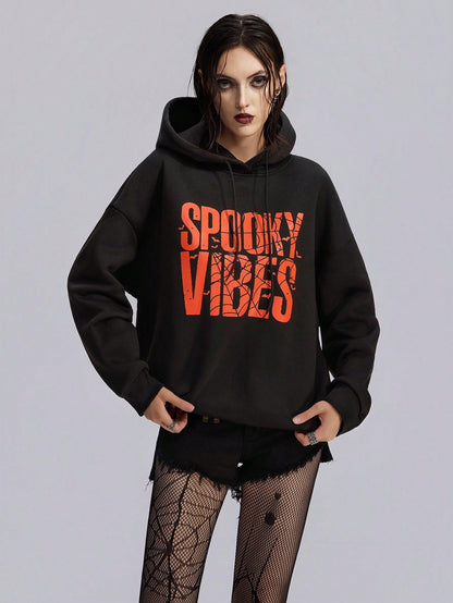 Goth Punk Casual Letter Print Drawstring Hoodie