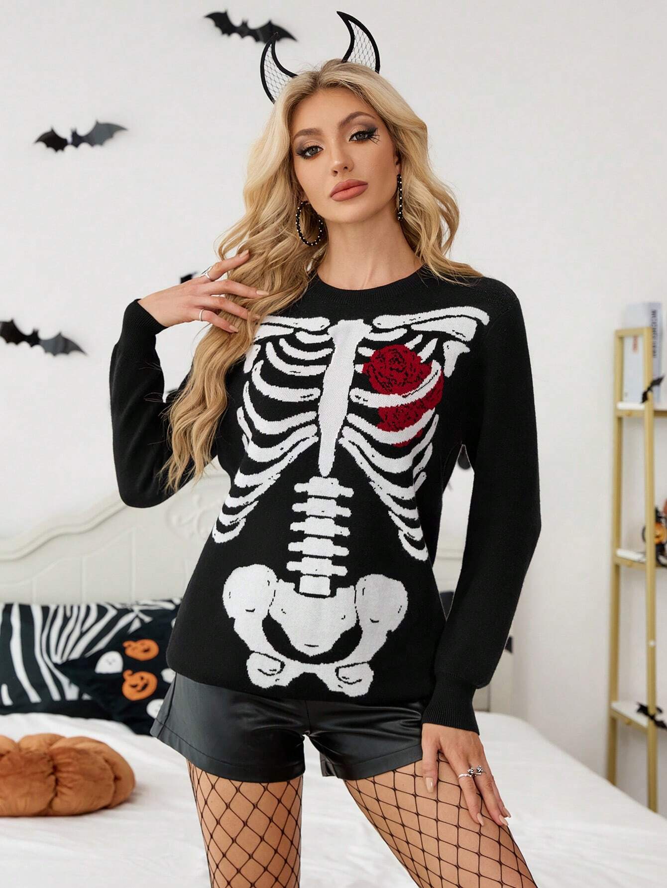 Goth Red & Black Rose Skull Cardigan Costume