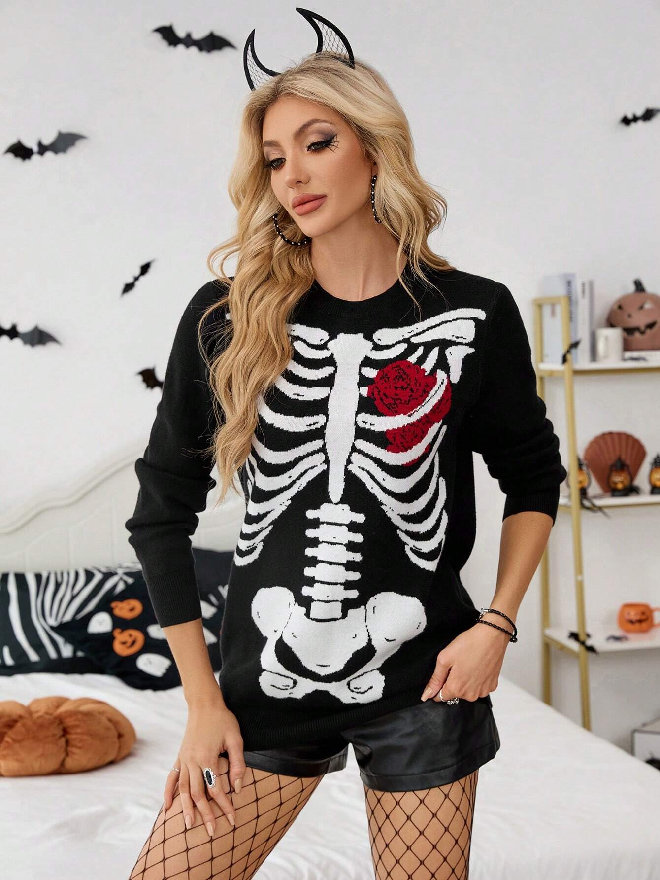 Goth Red & Black Rose Skull Cardigan Costume