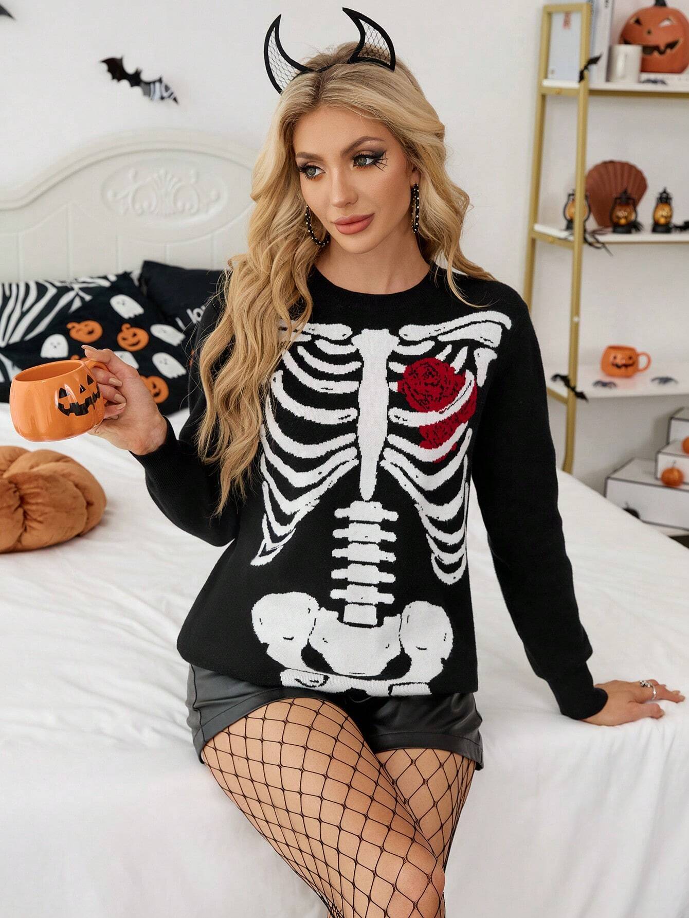 Goth Red & Black Rose Skull Cardigan Costume