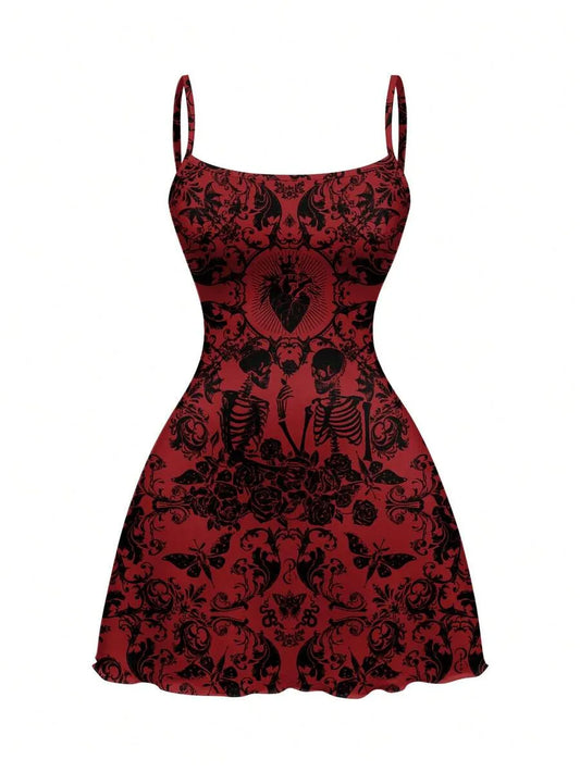 Goth Rose Heart Skull Printed Mini Dress