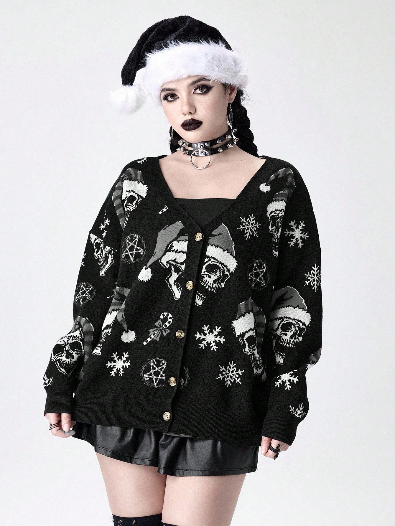 Goth Skull Christmas Wreath Print Cardigan