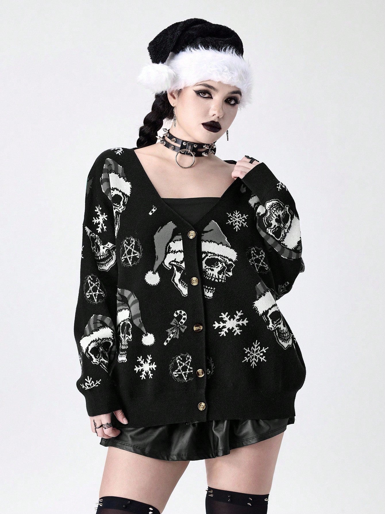 Goth Skull Christmas Wreath Print Cardigan