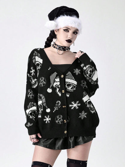 Goth Skull Christmas Wreath Print Cardigan