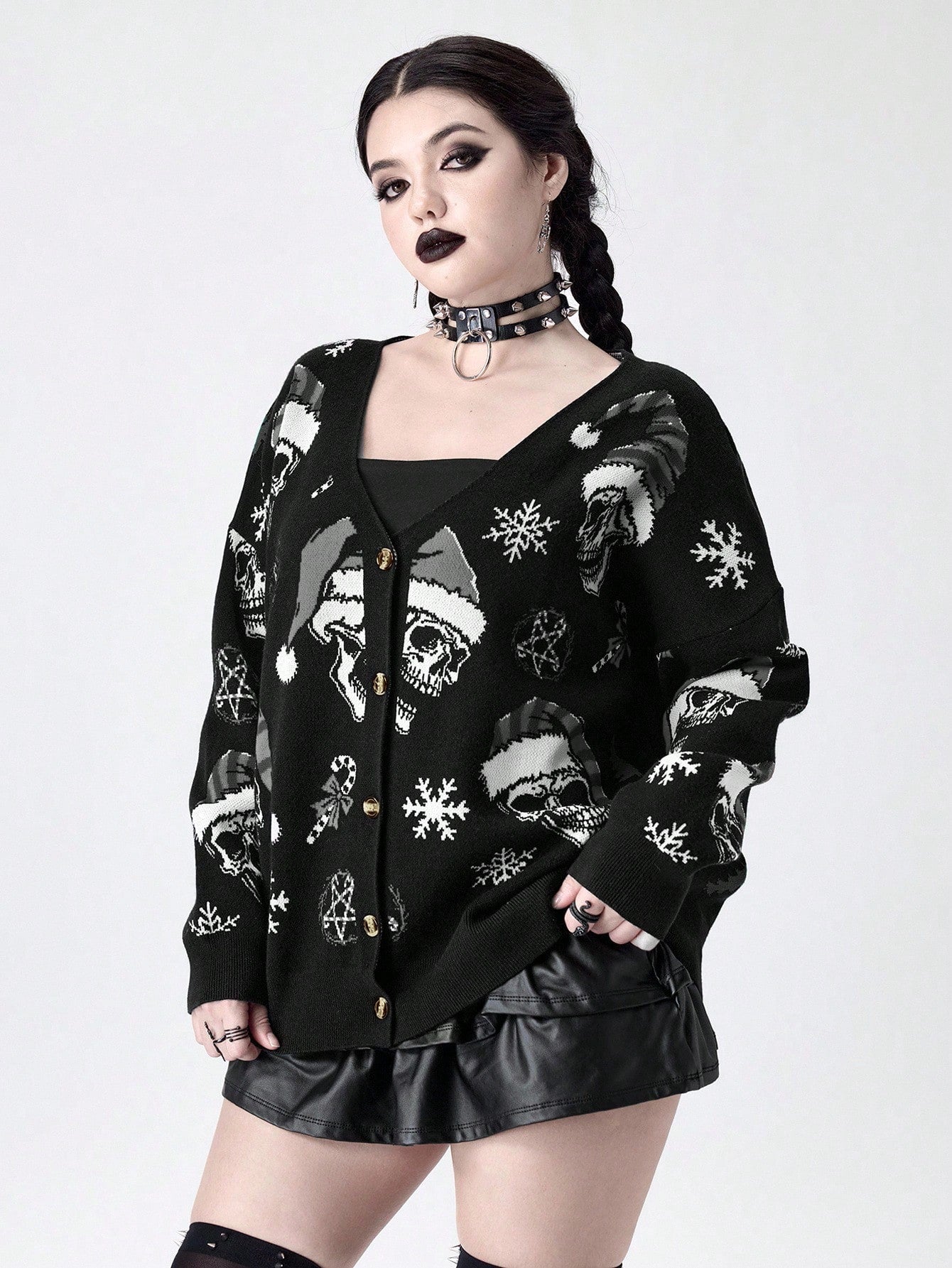 Goth Skull Christmas Wreath Print Cardigan