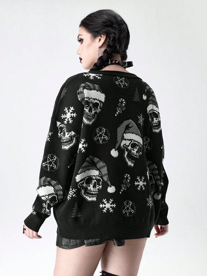 Goth Skull Christmas Wreath Print Cardigan