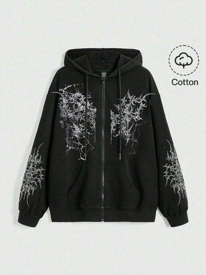 Goth Y2K Vintage Cross Print Zip Up Hoodie